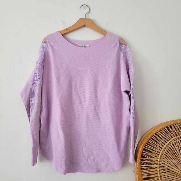 Vila Milano Purple Sweater Lace Rhinestone Sheer Sleeve Detail M - Picture 1 of 7